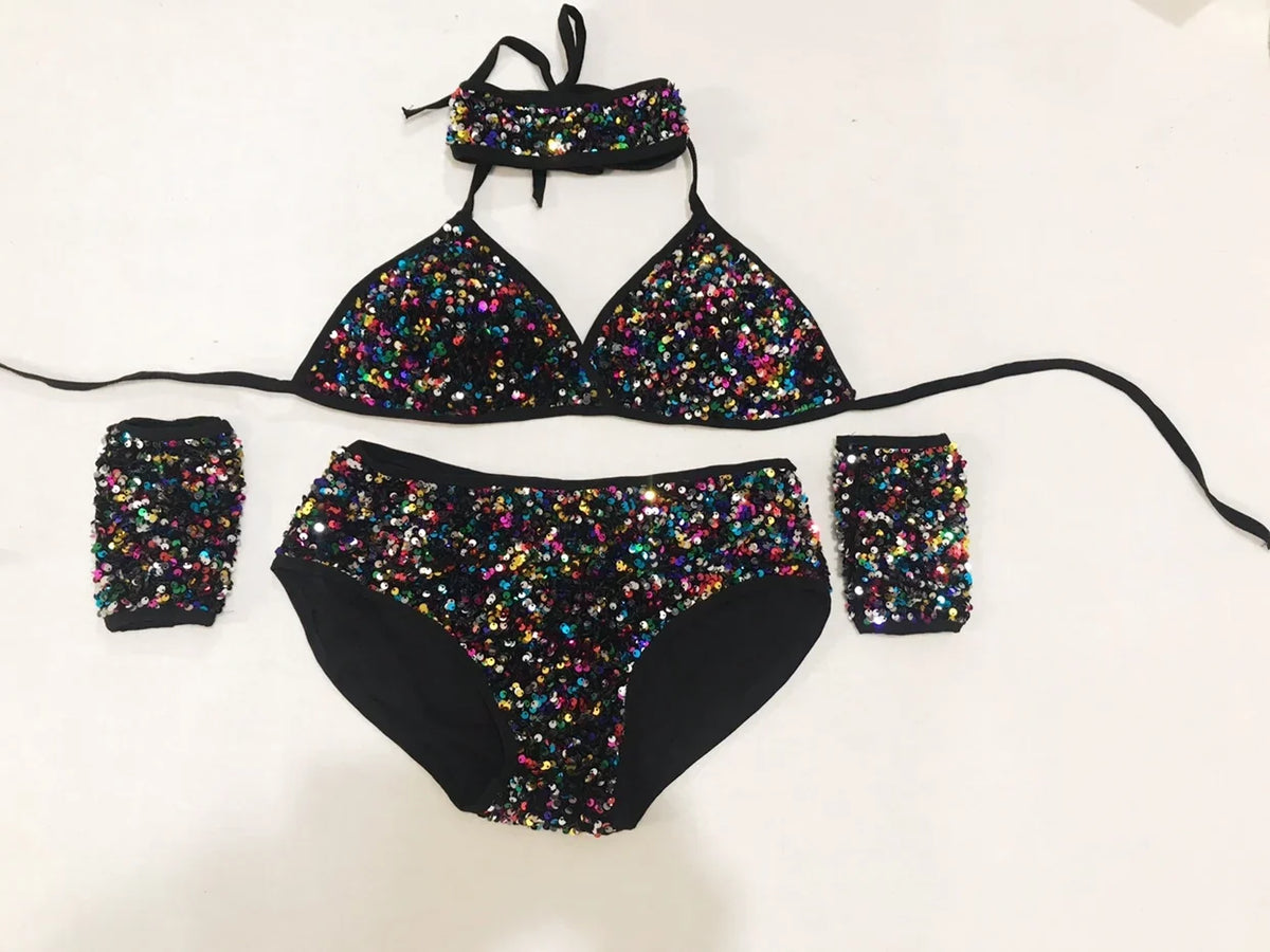 Sequin Bikini Pole Dance Costume for Women | Sparkly Rave & Nightclub Dancewear Set