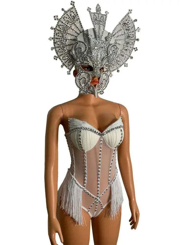 Rhinestone Fringe Bodysuit & Headpiece Set – Sparkly Rave Outfit, Gogo Dancer & Jazz Dance Costume for Women