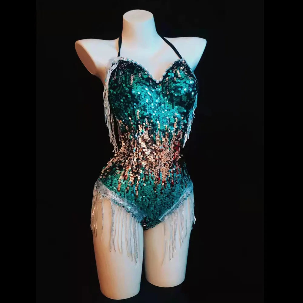 Sequin Fringe Halter Bodysuit – Sexy Hollow-Out Pole Dance & Rave Costume