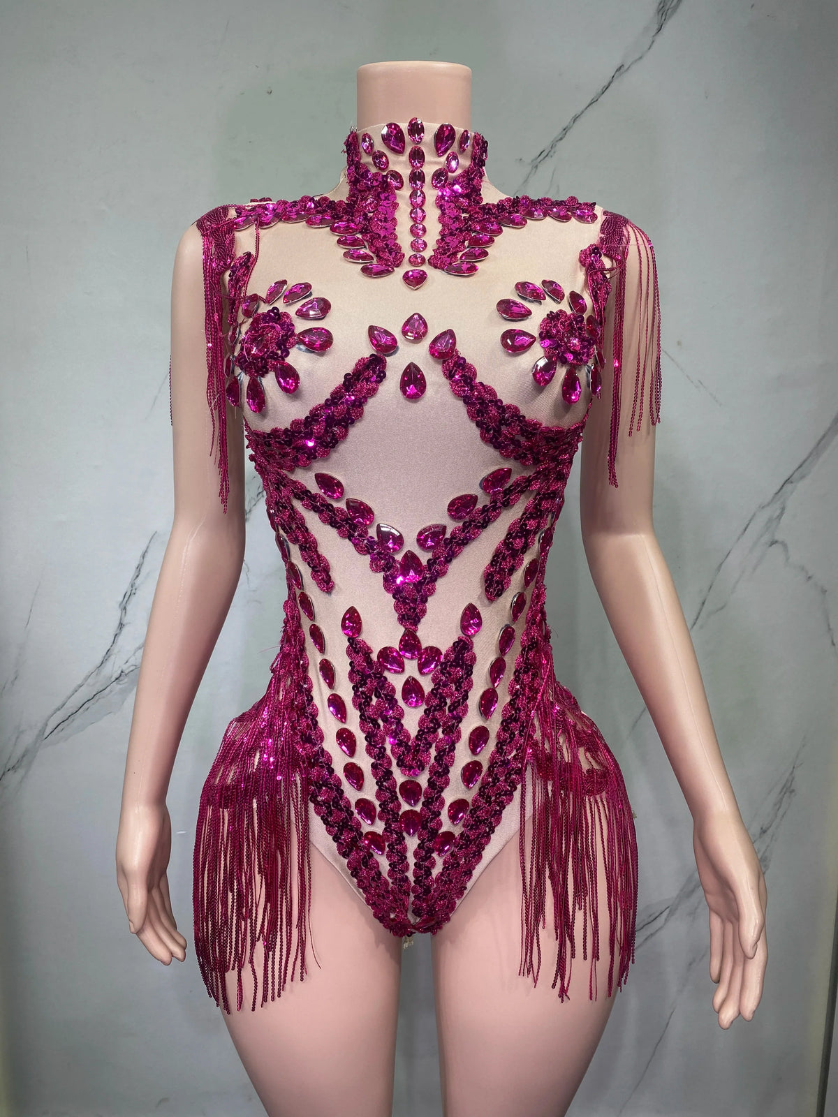 Sheer Mesh Rhinestone Performance Bodysuit for Women