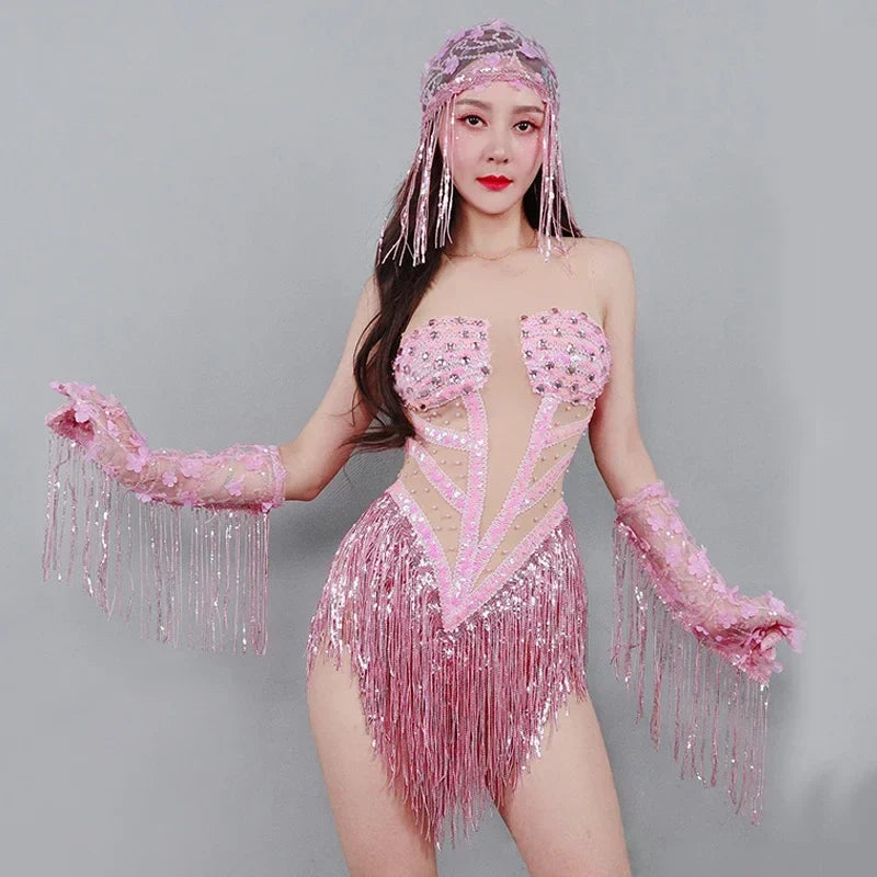 Sexy Pink Fringe Bodysuit – Women's GoGo Dance, Nightclub & Rave Performance Outfit