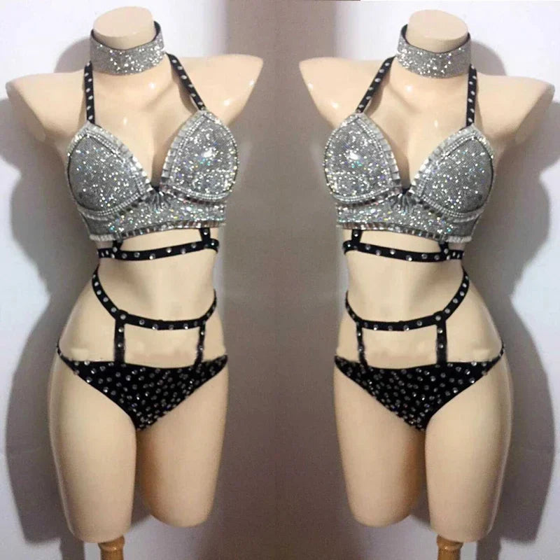 Rhinestone Crystal Bikini Stage Costume for Women | DJ & Dancewear