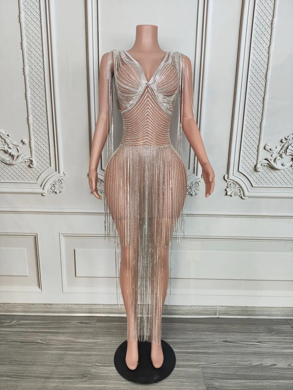 Sparkly Diamond Chain Sexy See-Through Evening Prom Dress – Women's Birthday Party Gown