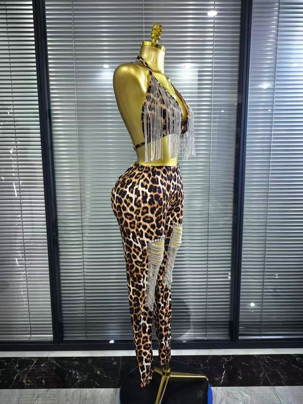 Women's Leopard Print Diamond Chain 2-Piece Bodycon Set | Slim Sequin Outfit for Nightclub & Stage