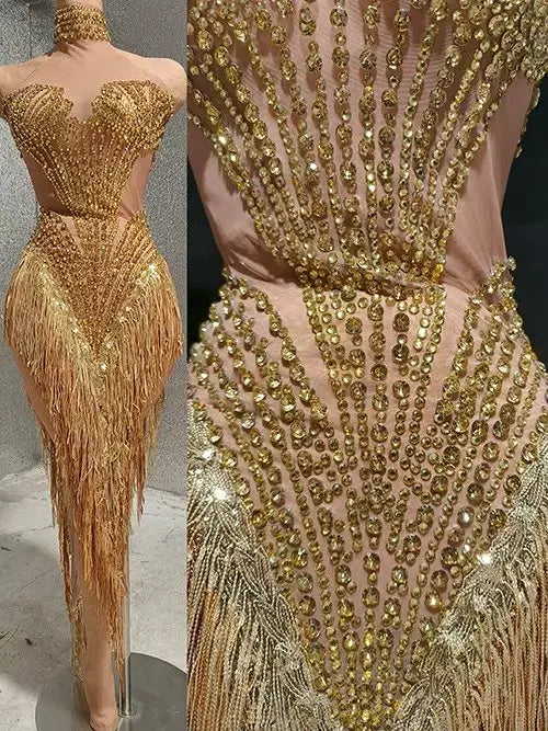 Sparkly Rhinestone Sequin Tassel Dress – Women's Sexy Birthday, Stage & Dance Performance Costume