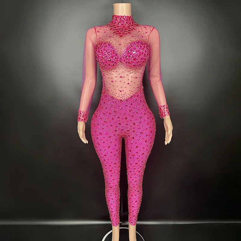 Women's Rhinestone Mesh Jumpsuit | Sheer Party & Stage Outfit