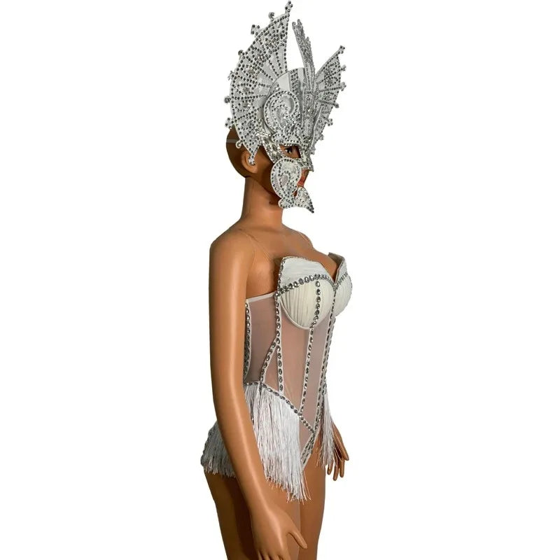 Rhinestone Fringe Bodysuit & Headpiece Set – Sparkly Rave Outfit, Gogo Dancer & Jazz Dance Costume for Women