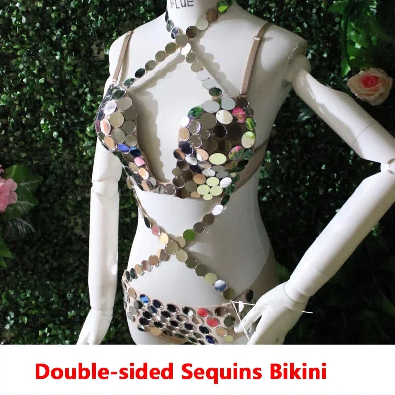 Silver Sequin Pole Dance Bikini Costume for Women | Go-Go Stagewear