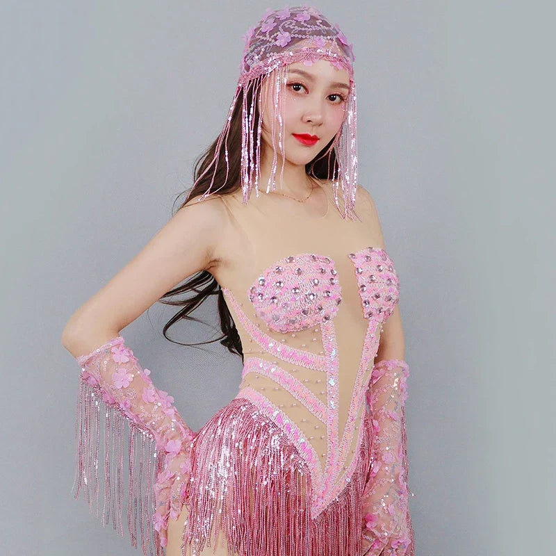 Sexy Pink Fringe Bodysuit – Women's GoGo Dance, Nightclub & Rave Performance Outfit