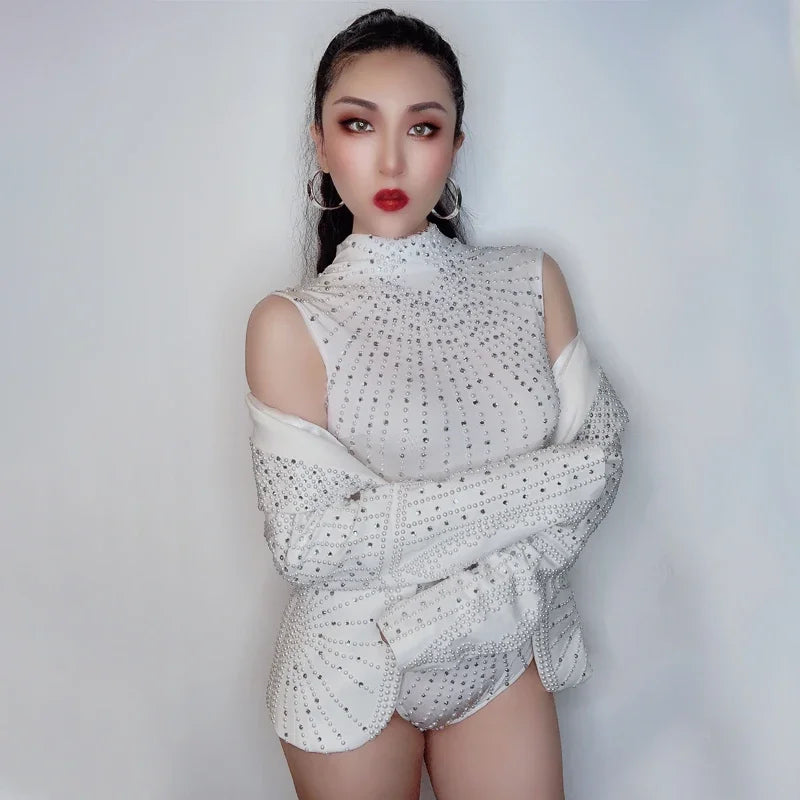 Rhinestone Bodysuit & Coat Set - Women's White Nightclub Dance Costume for Rave, Stage & Gogo Performance