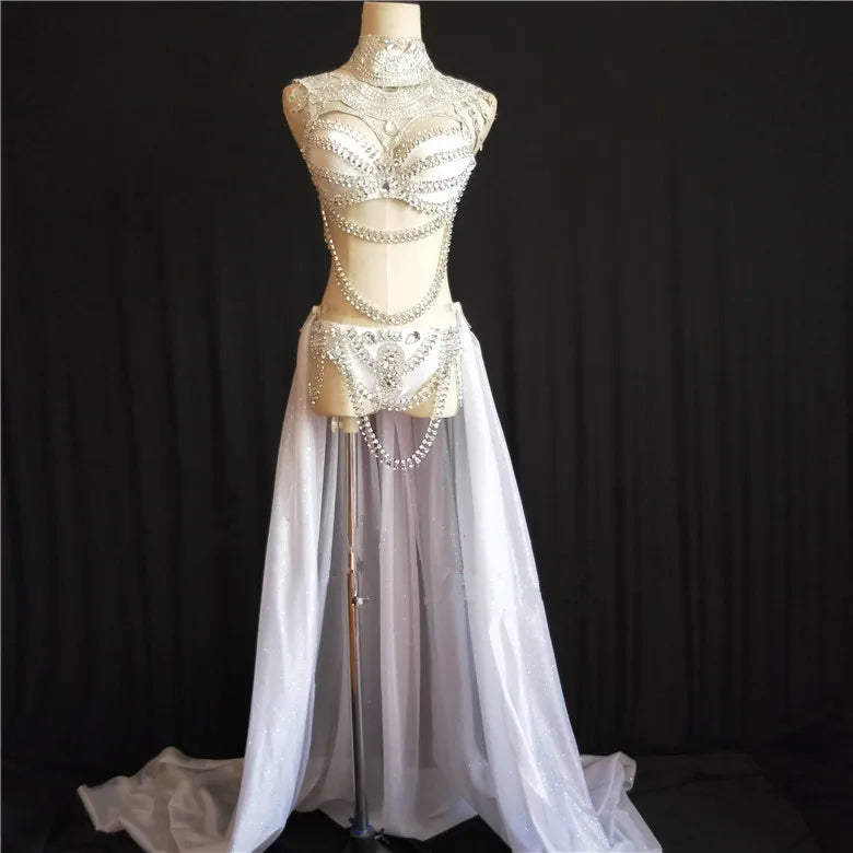 Women's Rhinestone Bikini & Long Trailing Skirt Set | Singer Host Stage Costume for Catwalk & Performance