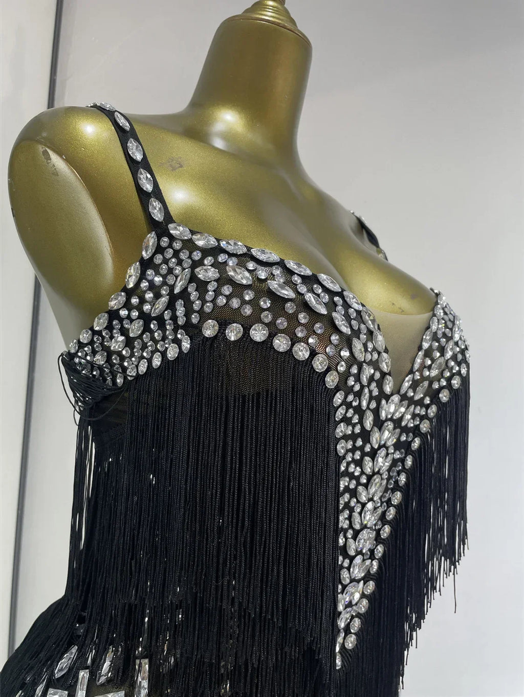 Women Black Bright Rhinestones Tassel Stretchy Mesh Thigh High Leotard Pole Dance Costumes Evening Party Club DJ Gogo Dress