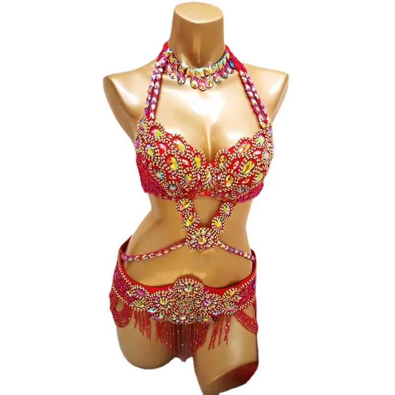 Samba Beaded Belly Dance Costume Set – Women's Bra & Waist Belt for Carnival, Stage & Performance