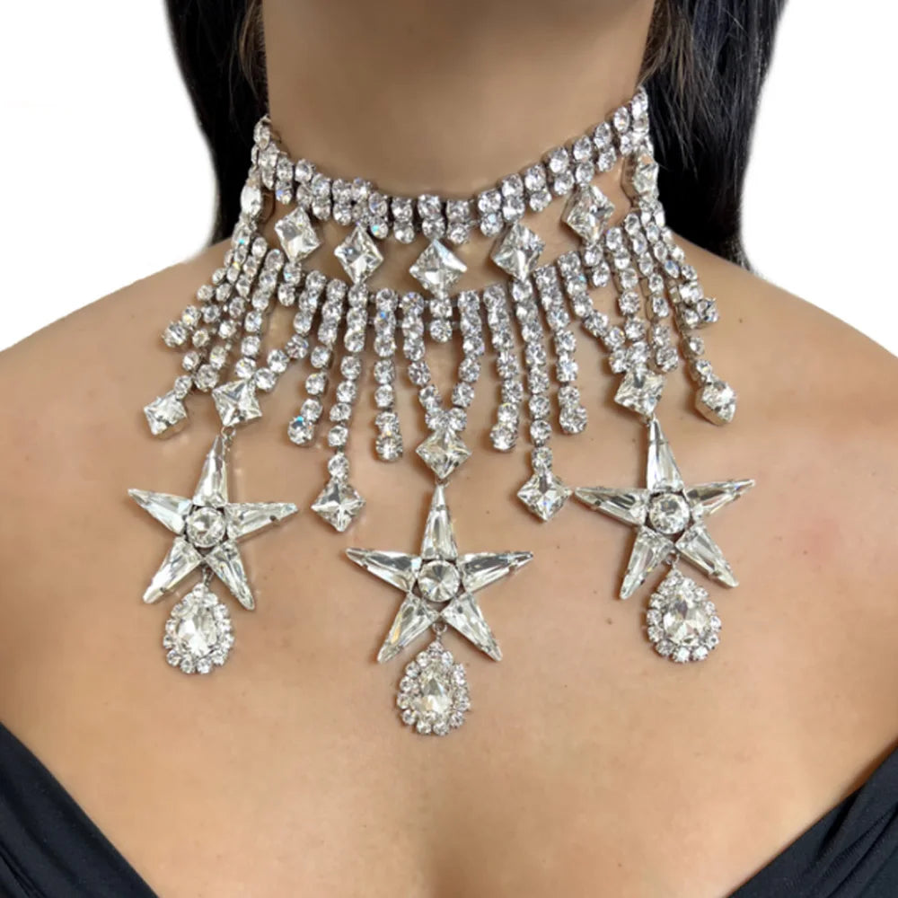 Pentagram Rhinestone Necklace & Earrings Set | Bridal Jewelry