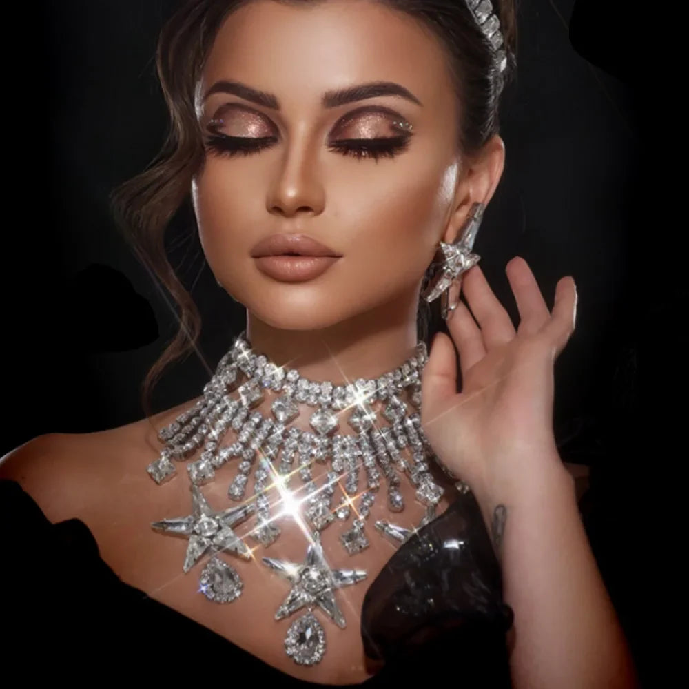 Pentagram Rhinestone Necklace & Earrings Set | Bridal Jewelry
