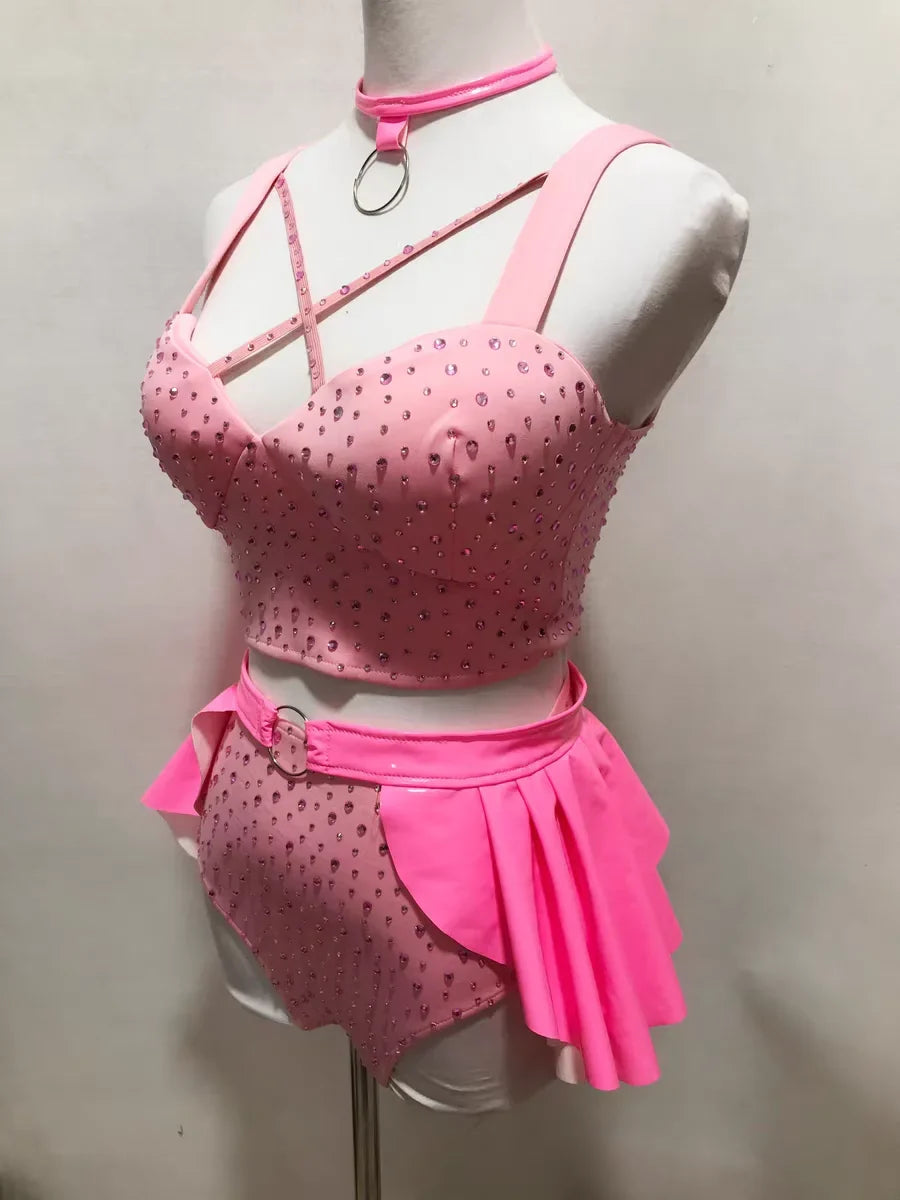 Pink Stage Dance Bodysuit with Flared Hip Panels | Performance Costume