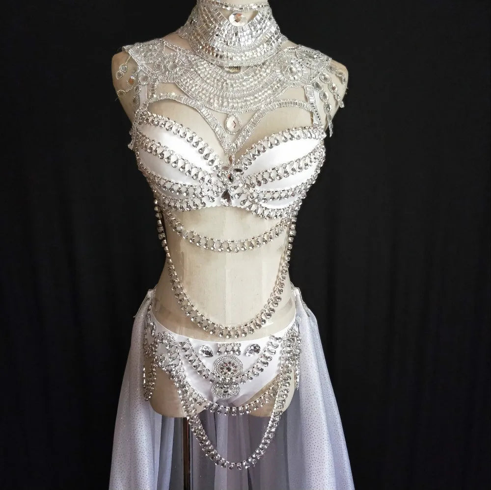 Women's Rhinestone Bikini & Long Trailing Skirt Set | Singer Host Stage Costume for Catwalk & Performance