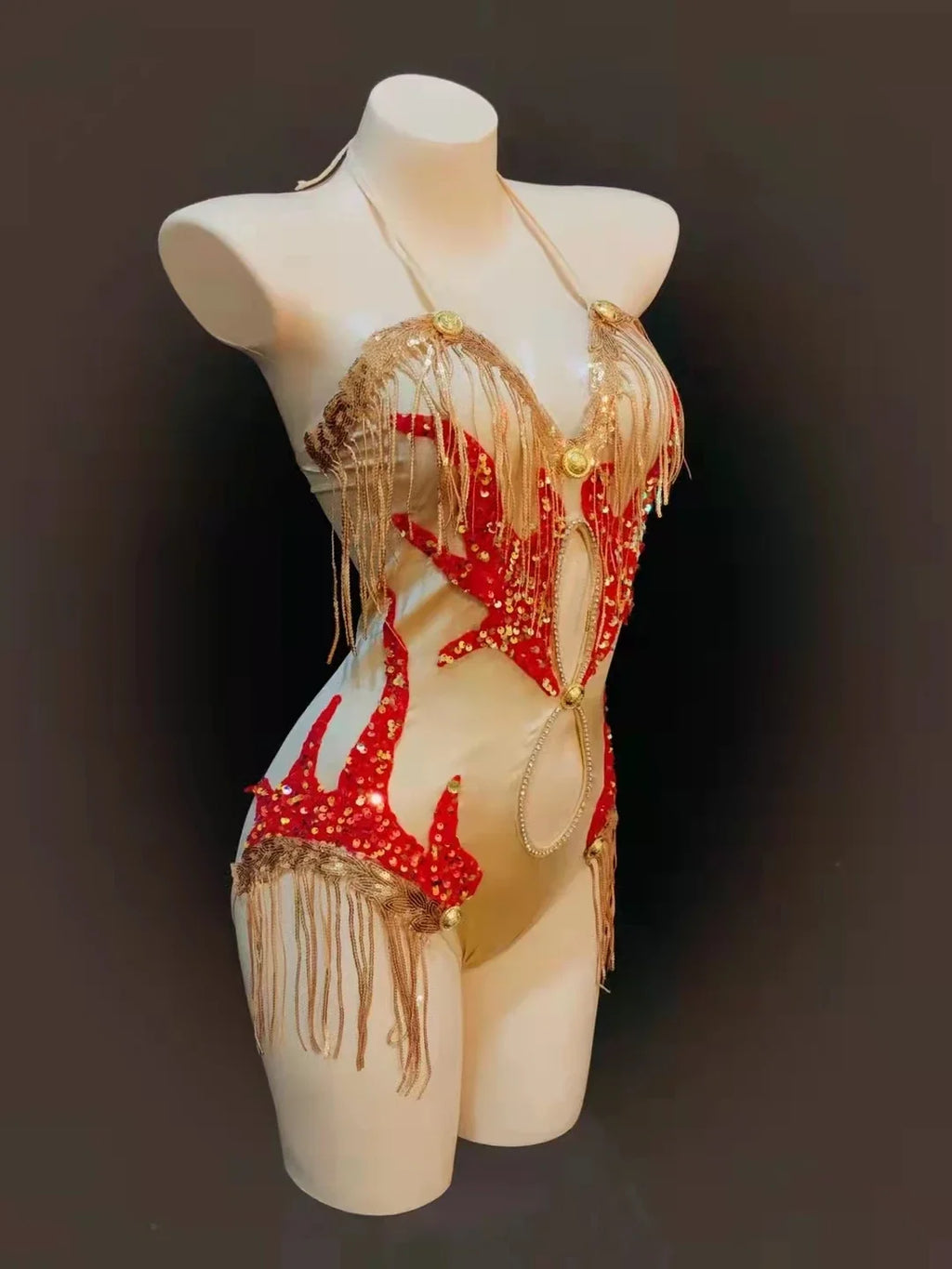 Sequin Fringe Halter Bodysuit – Sexy Hollow-Out Pole Dance & Rave Costume