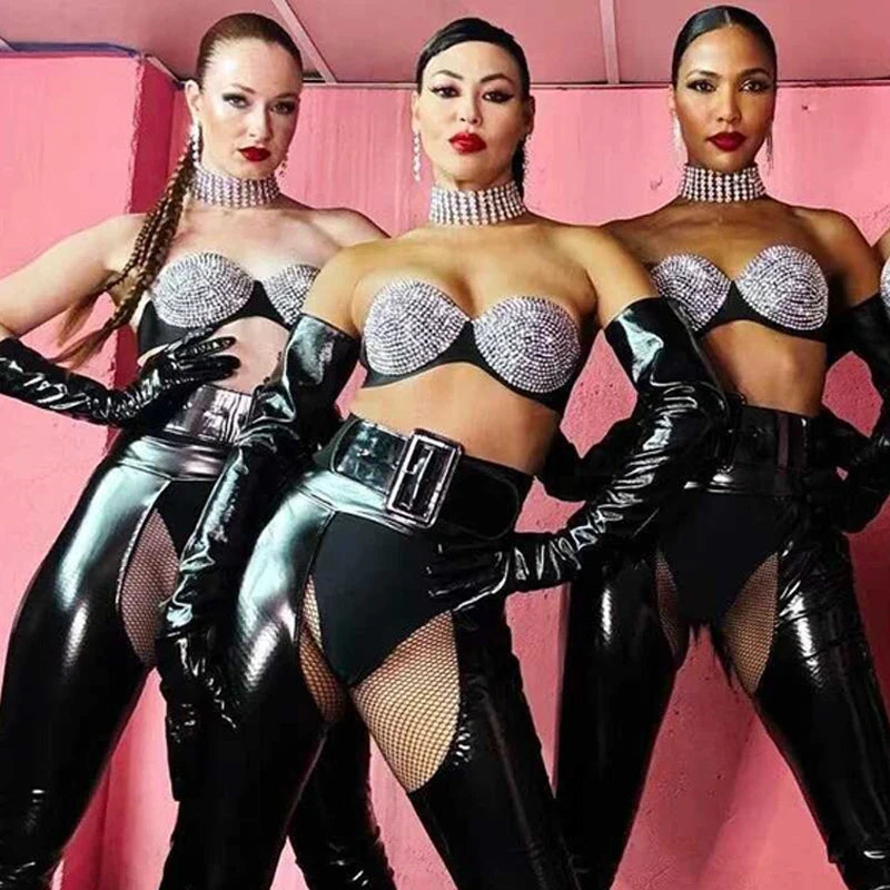 Women's Rhinestone Gogo Dance Costume Set with Cutout Pants
