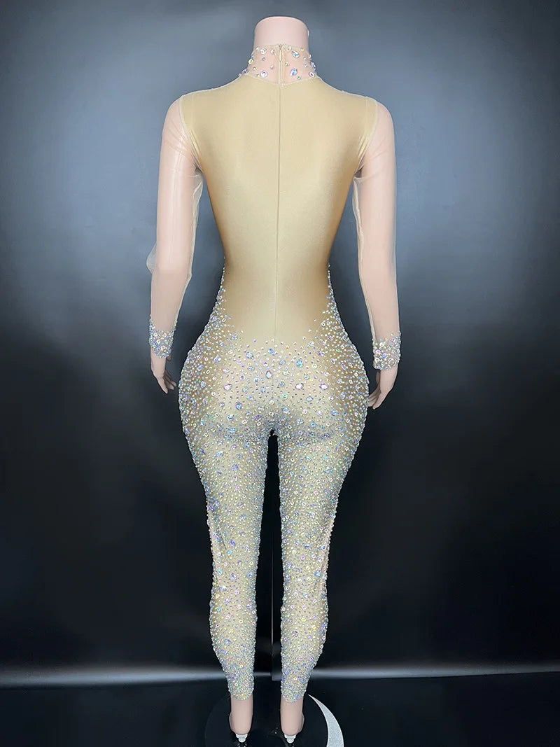 Women's Rhinestone Mesh Jumpsuit | Sheer Party & Stage Outfit
