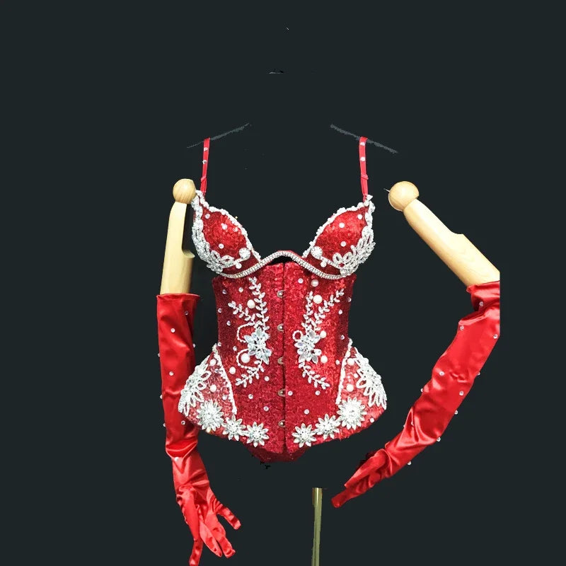 Red Rhinestone Bodysuit with Gloves | Women's Go-Go Dance & Rave Costume