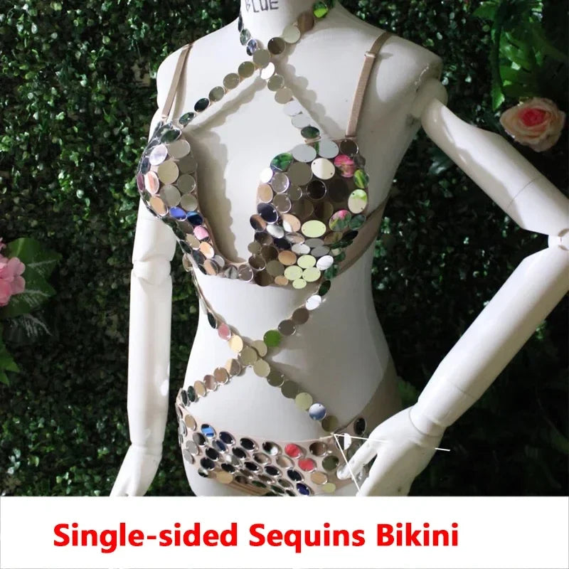 Silver Sequin Pole Dance Bikini Costume for Women | Go-Go Stagewear