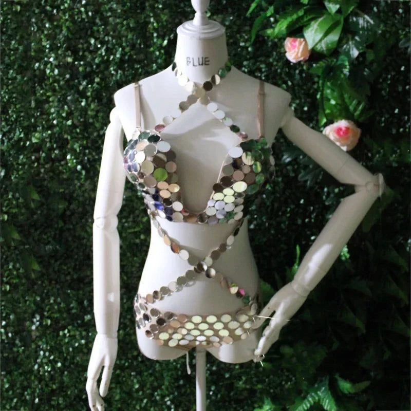 Silver Sequin Pole Dance Bikini Costume for Women | Go-Go Stagewear