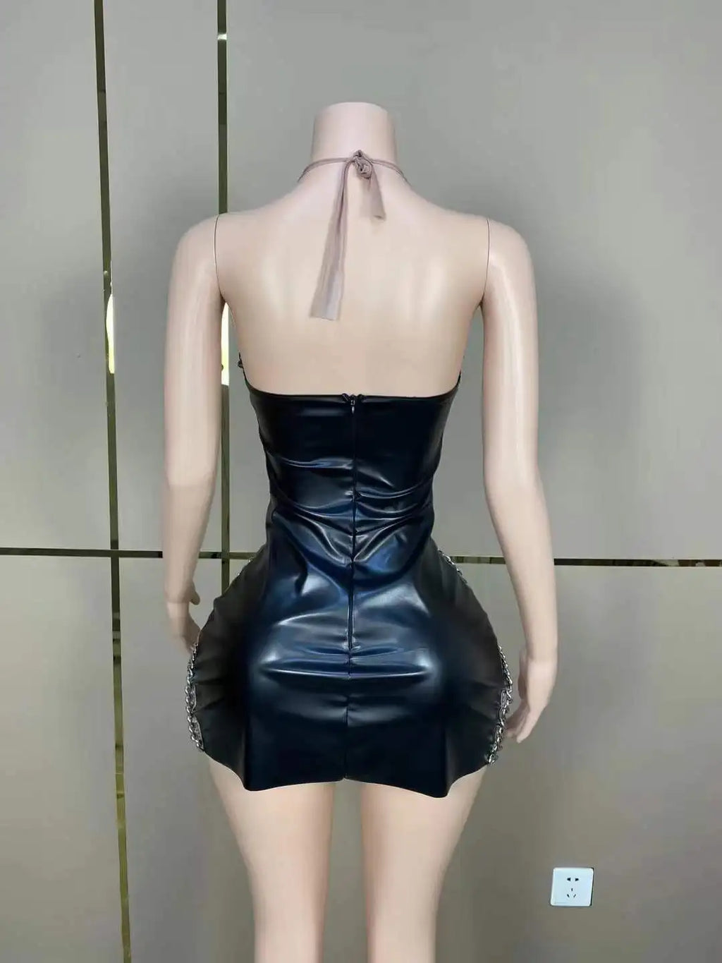 Black Mesh Chain Backless Dress for Women | Showgirl Stage Costume