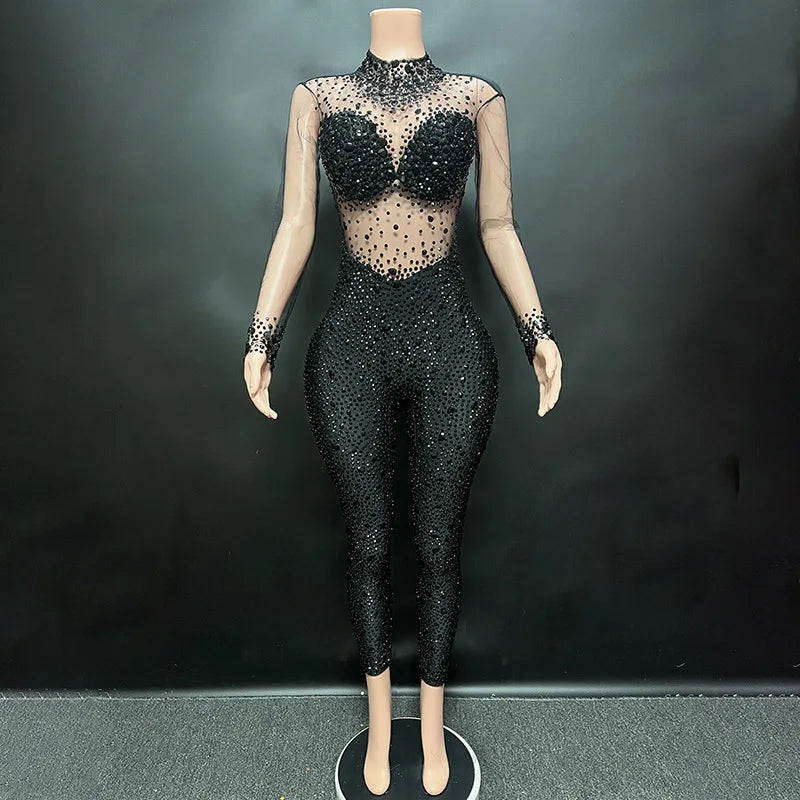 Women's Rhinestone Mesh Jumpsuit | Sheer Party & Stage Outfit