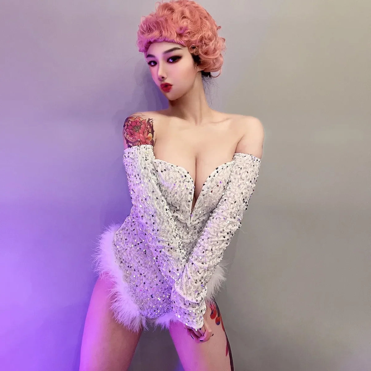 Sequin Feather Bodysuit Dress – High-Slit Gogo Dance & Nightclub Costume