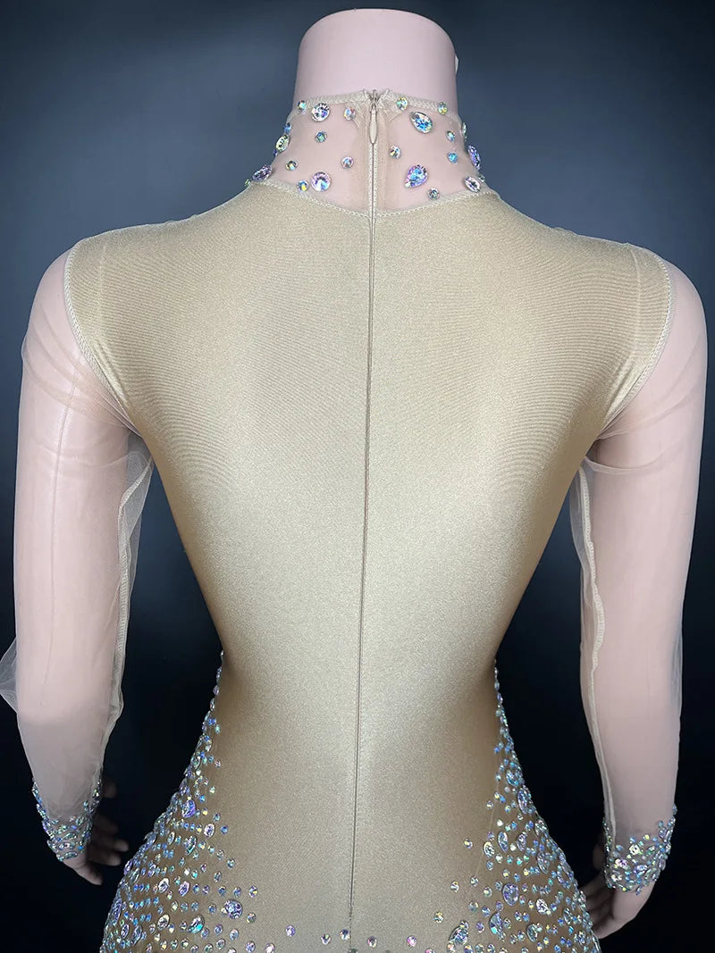Women's Rhinestone Mesh Jumpsuit | Sheer Party & Stage Outfit