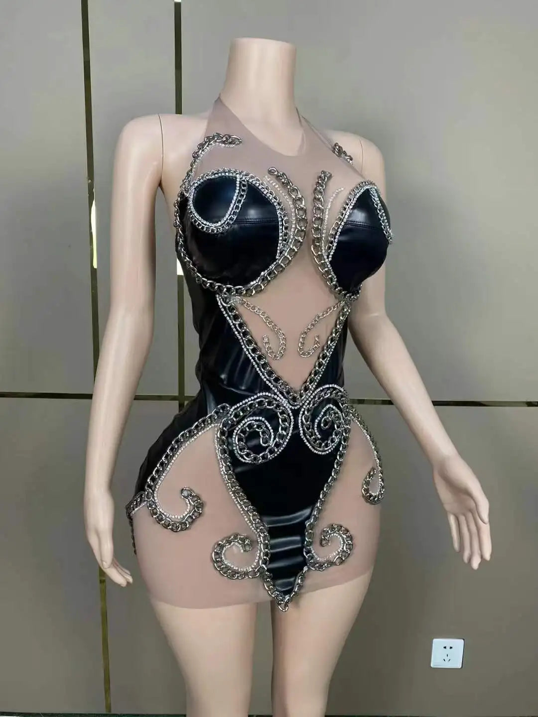 Black Mesh Chain Backless Dress for Women | Showgirl Stage Costume
