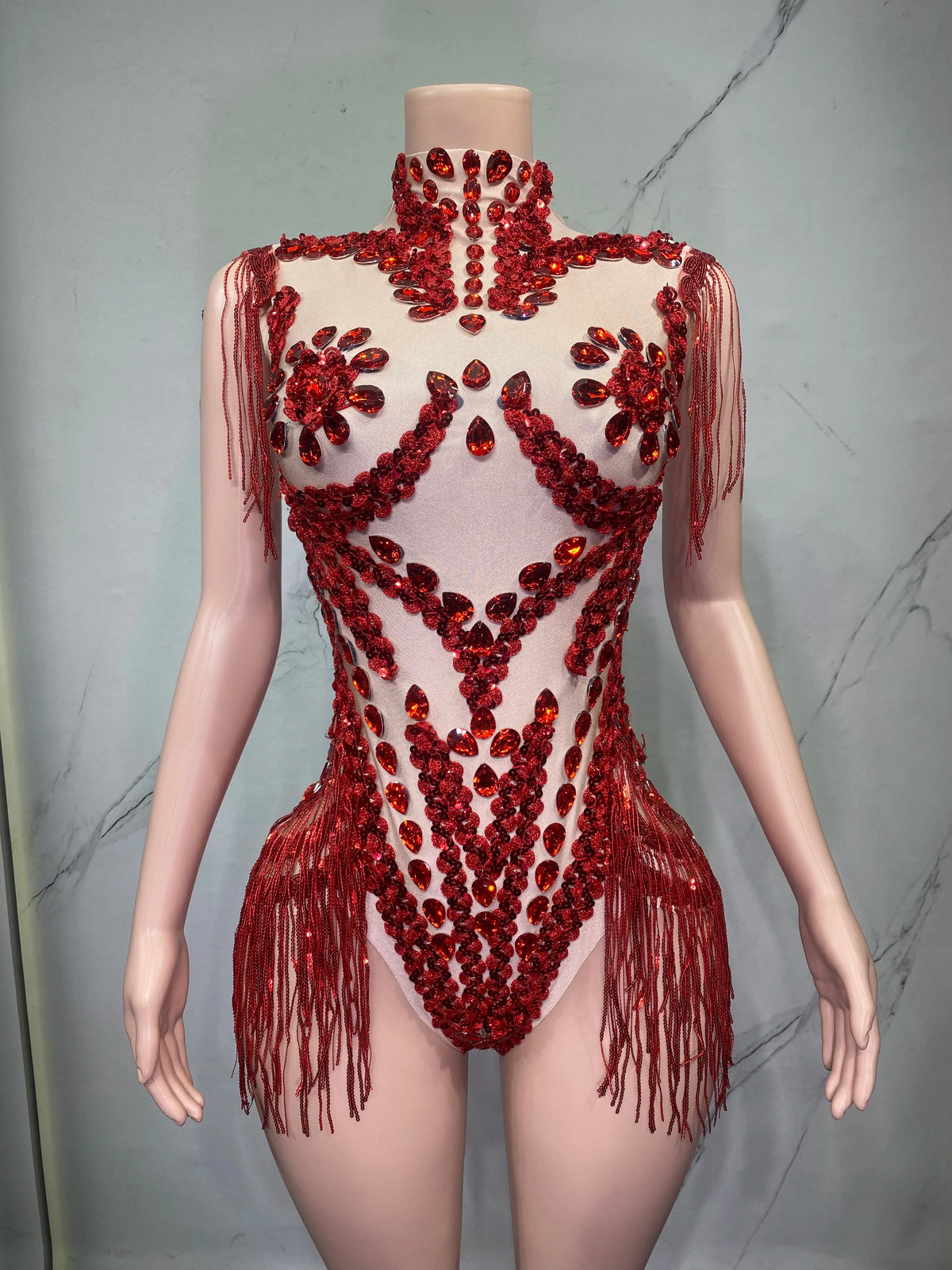 Sheer Mesh Rhinestone Performance Bodysuit for Women