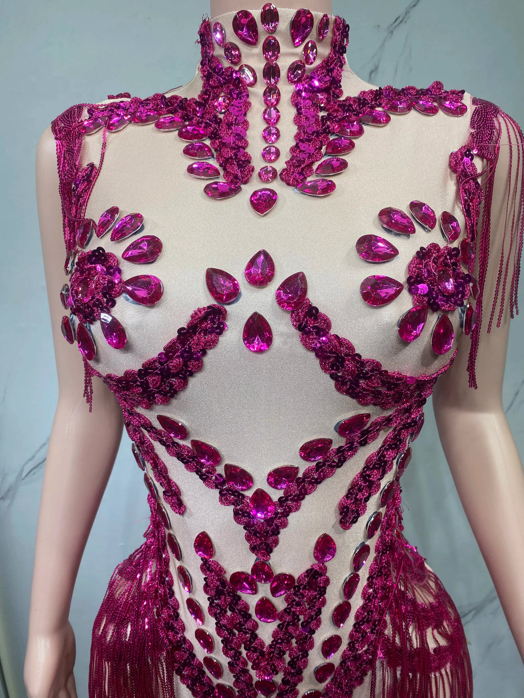 Sheer Mesh Rhinestone Performance Bodysuit for Women