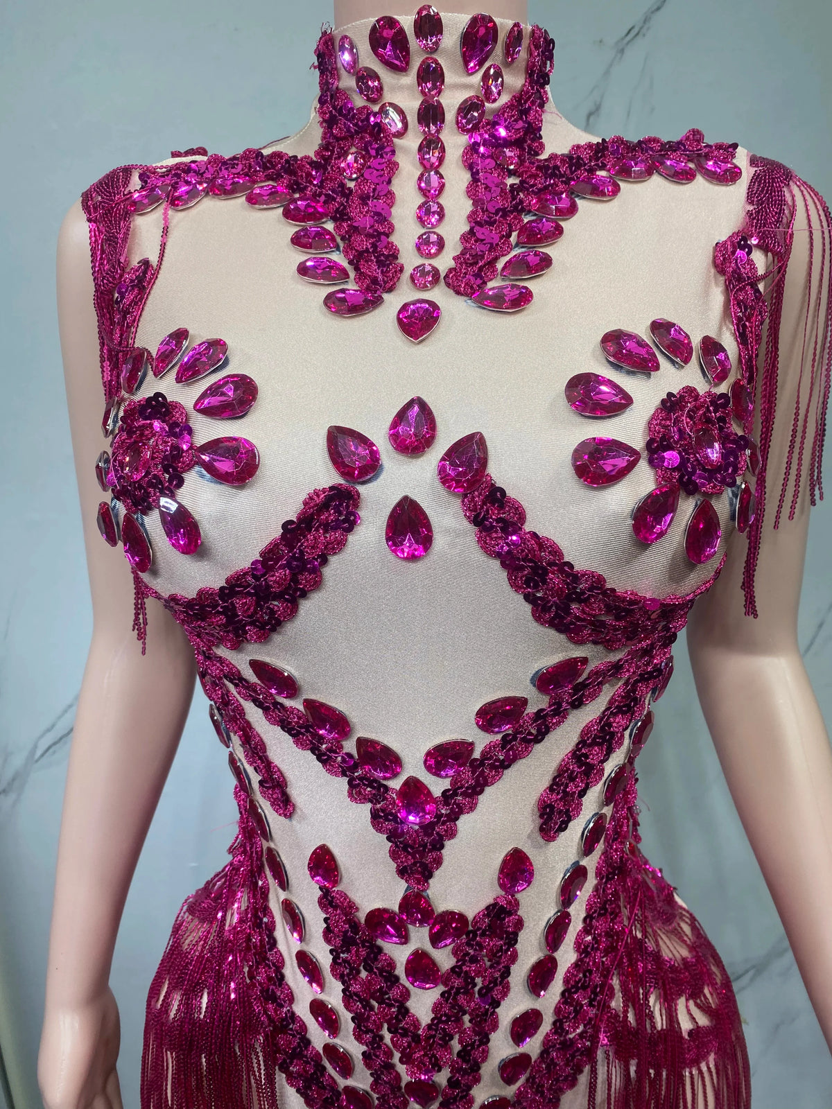Sheer Mesh Rhinestone Performance Bodysuit for Women