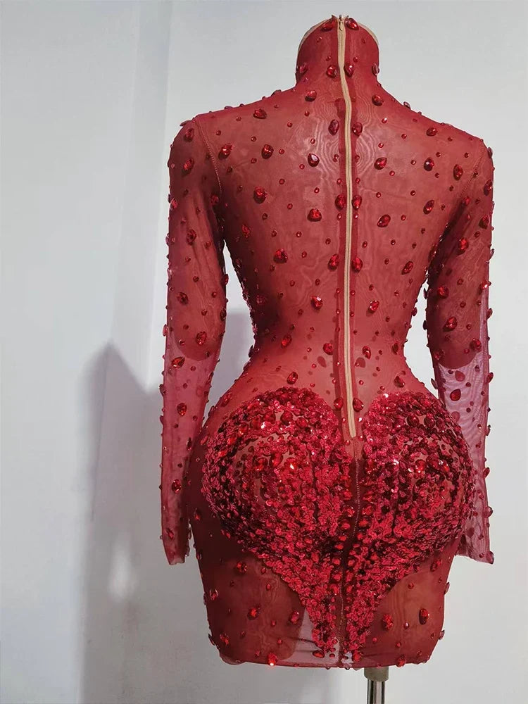 Crystal Rhinestone Mesh Long Sleeve Vintage Inspired Dress with Sequins and Skirt
