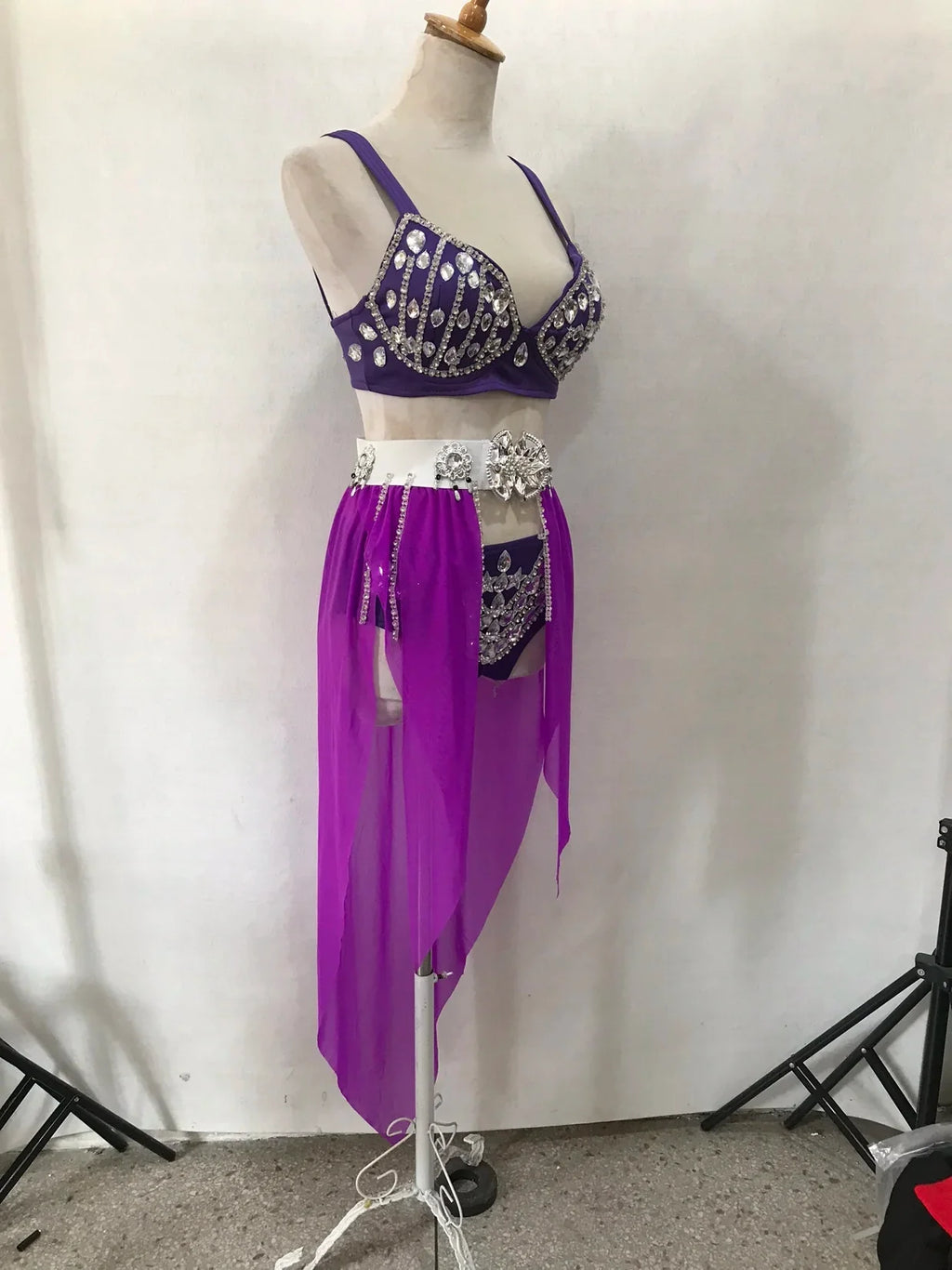 Women's Rhinestone Two-Piece Dance Costume | Stage Performance Top & Shorts