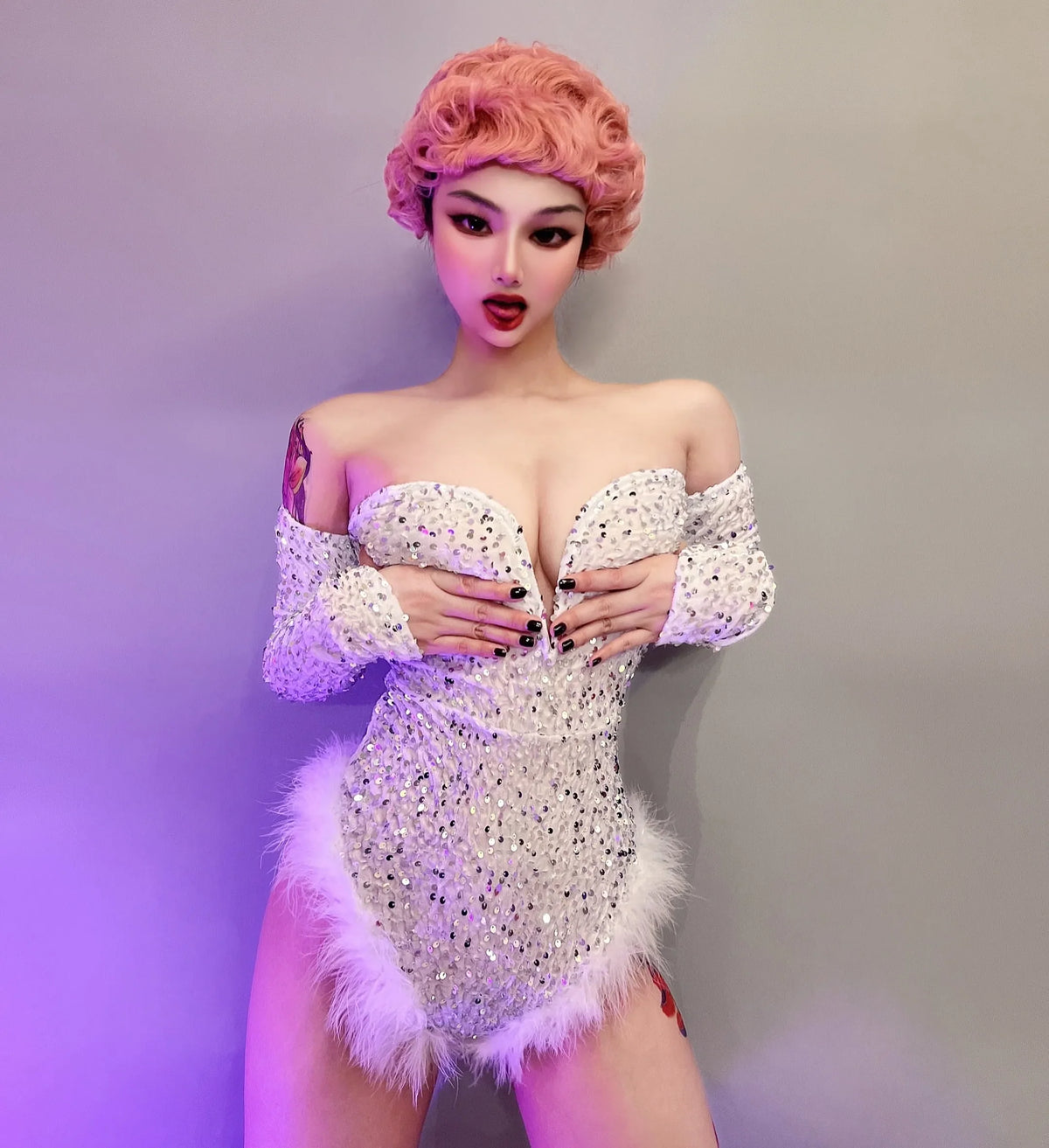 Sequin Feather Bodysuit Dress – High-Slit Gogo Dance & Nightclub Costume