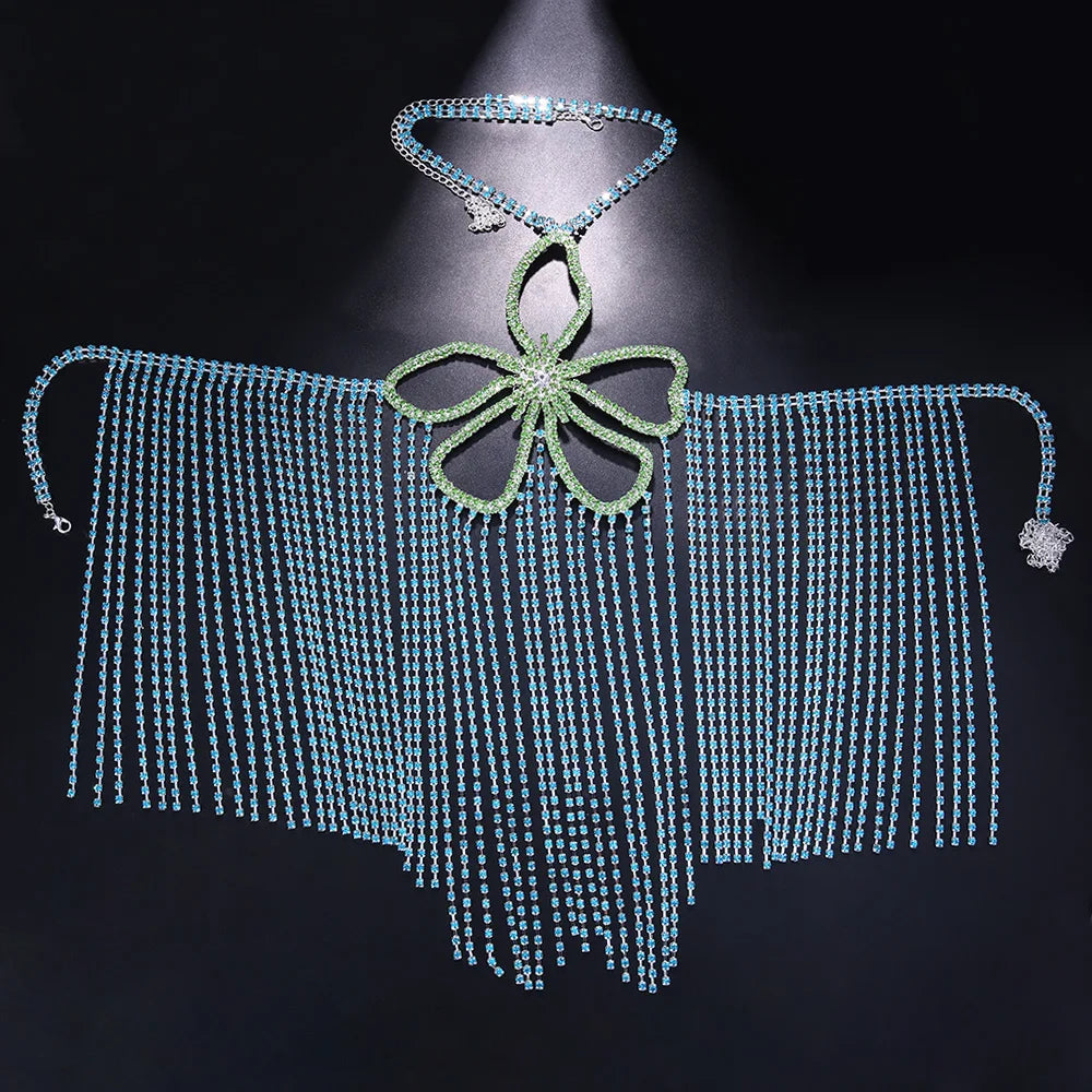 Rhinestone Tassel Flower Bralette Body Chain – Crystal Fringe Chest Harness Bra Chain in Gold or Silver