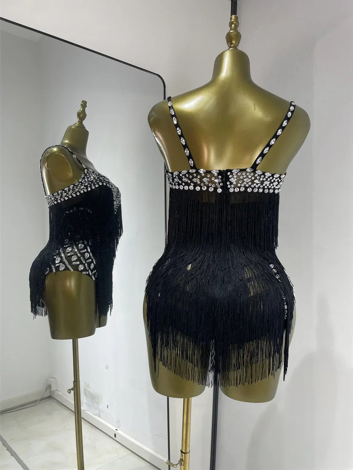 Women Black Bright Rhinestones Tassel Stretchy Mesh Thigh High Leotard Pole Dance Costumes Evening Party Club DJ Gogo Dress