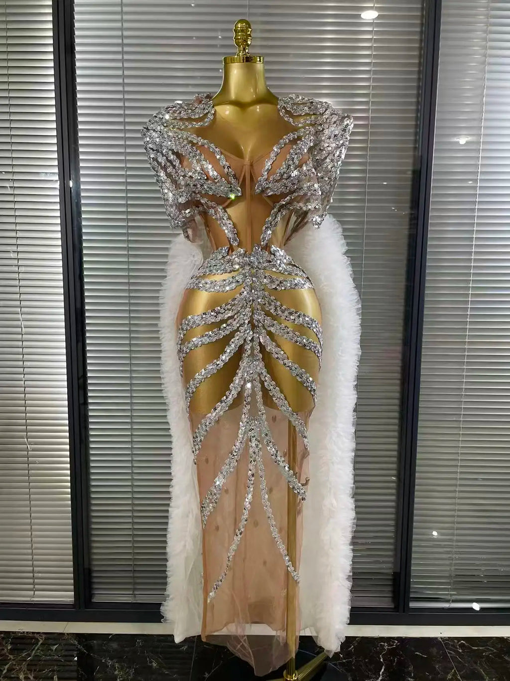 Women Cloak Sleeve Shining Sequins Mesh Ruffles Long Loose Dress Celebrate Performance Costumes Stage Wear