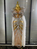 Women Cloak Sleeve Shining Sequins Mesh Ruffles Long Loose Dress Celebrate Performance Costumes Stage Wear