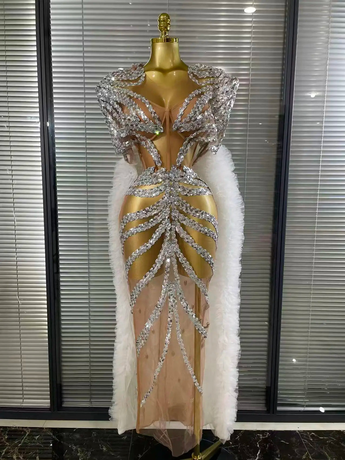 Women Cloak Sleeve Shining Sequins Mesh Ruffles Long Loose Dress Celebrate Performance Costumes Stage Wear