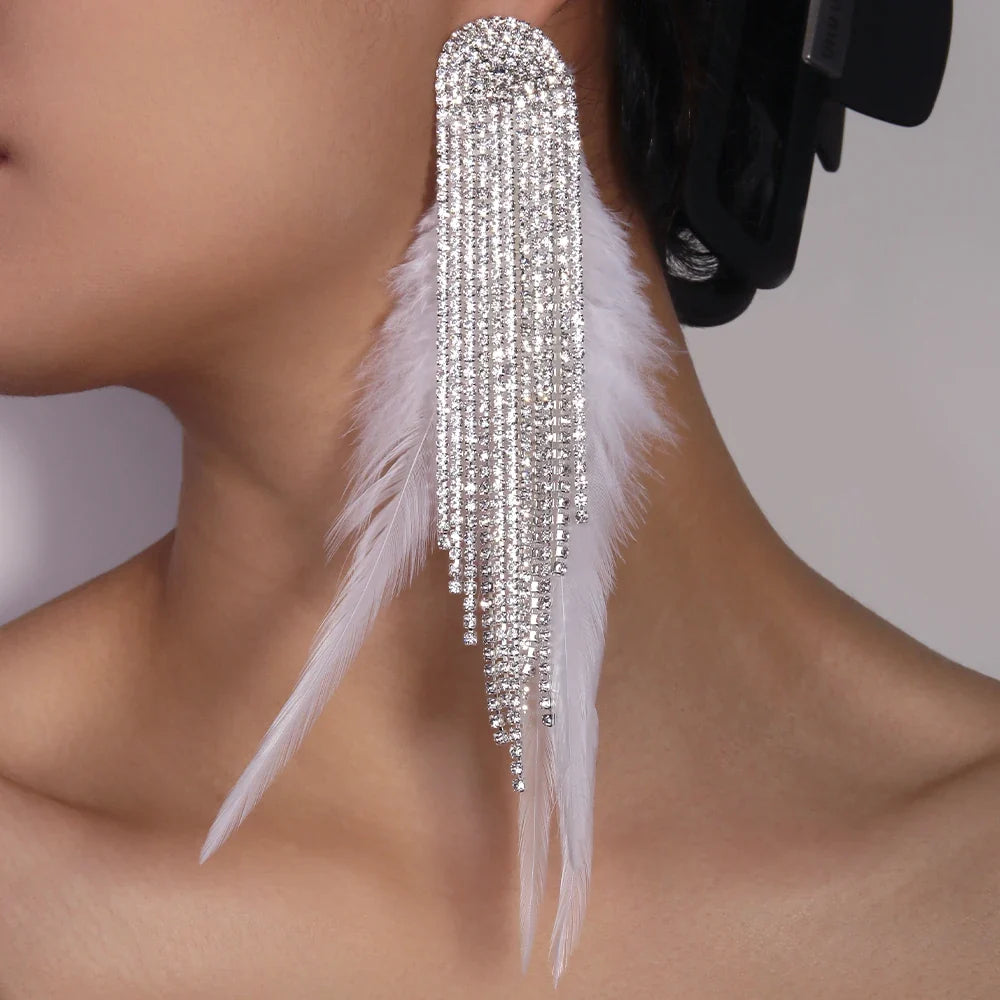 Boho Tassel Feather Drop Earrings – Crystal Dangle Earrings for Women, Gold or Silver Plated Bridal & Wedding Jewelry