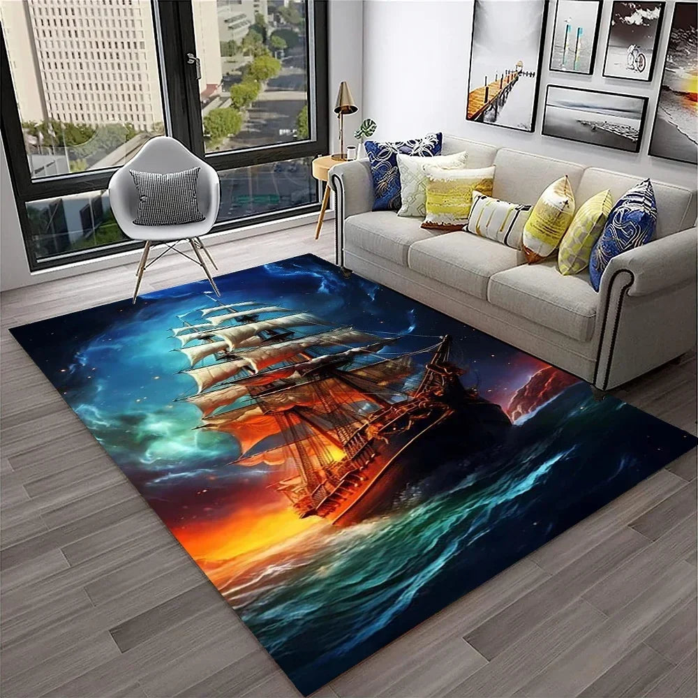 3D Pirate Ship Boat,Sailboat,Barque Carpet Rug for Home Living Room Bedroom Sofa Doormat Decor,kids Area Rug Non-slip Floor Mat