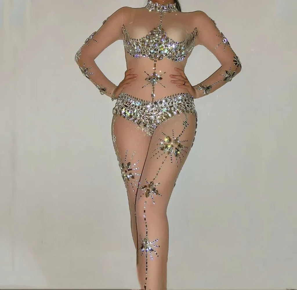 Crystal Rhinestone Sheer Jumpsuit – Stretch Sparkly Bodysuit for Stage, Dance, Drag & Party