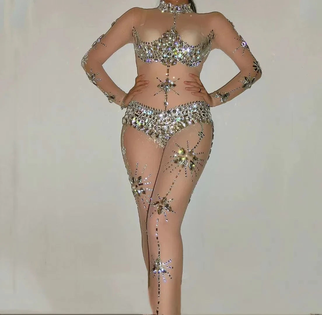 Crystal Rhinestone Sheer Jumpsuit – Stretch Sparkly Bodysuit for Stage, Dance, Drag & Party