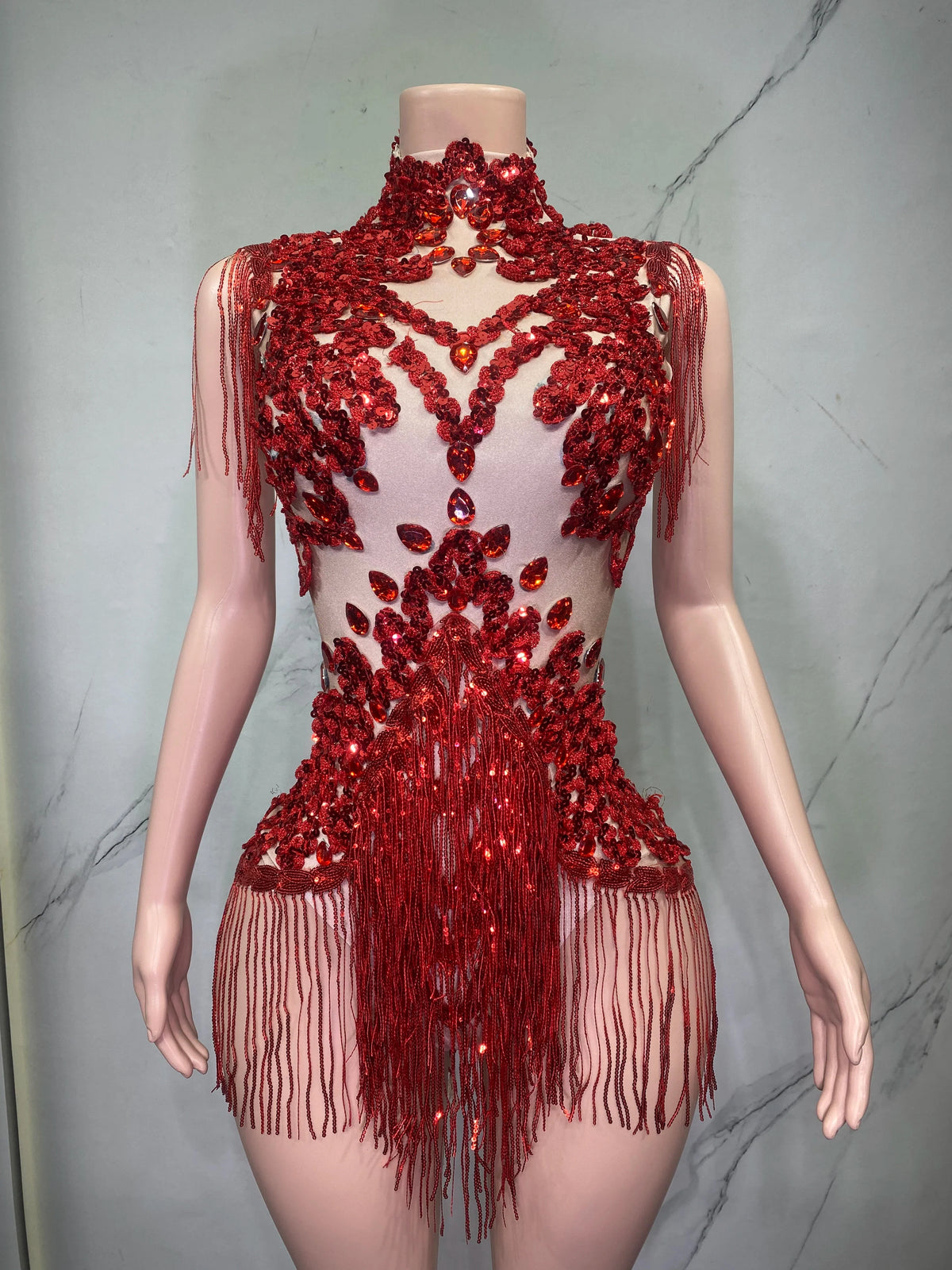 Sheer Mesh Rhinestone Performance Bodysuit for Women
