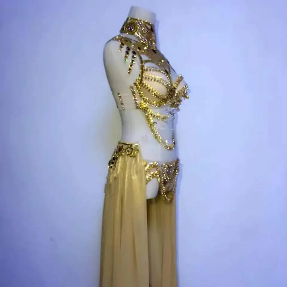 Women's Rhinestone Bikini & Long Trailing Skirt Set | Singer Host Stage Costume for Catwalk & Performance