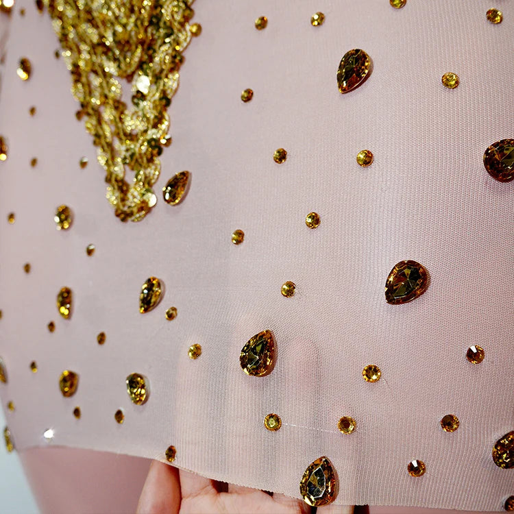 Crystal Rhinestone Mesh Long Sleeve Vintage Inspired Dress with Sequins and Skirt